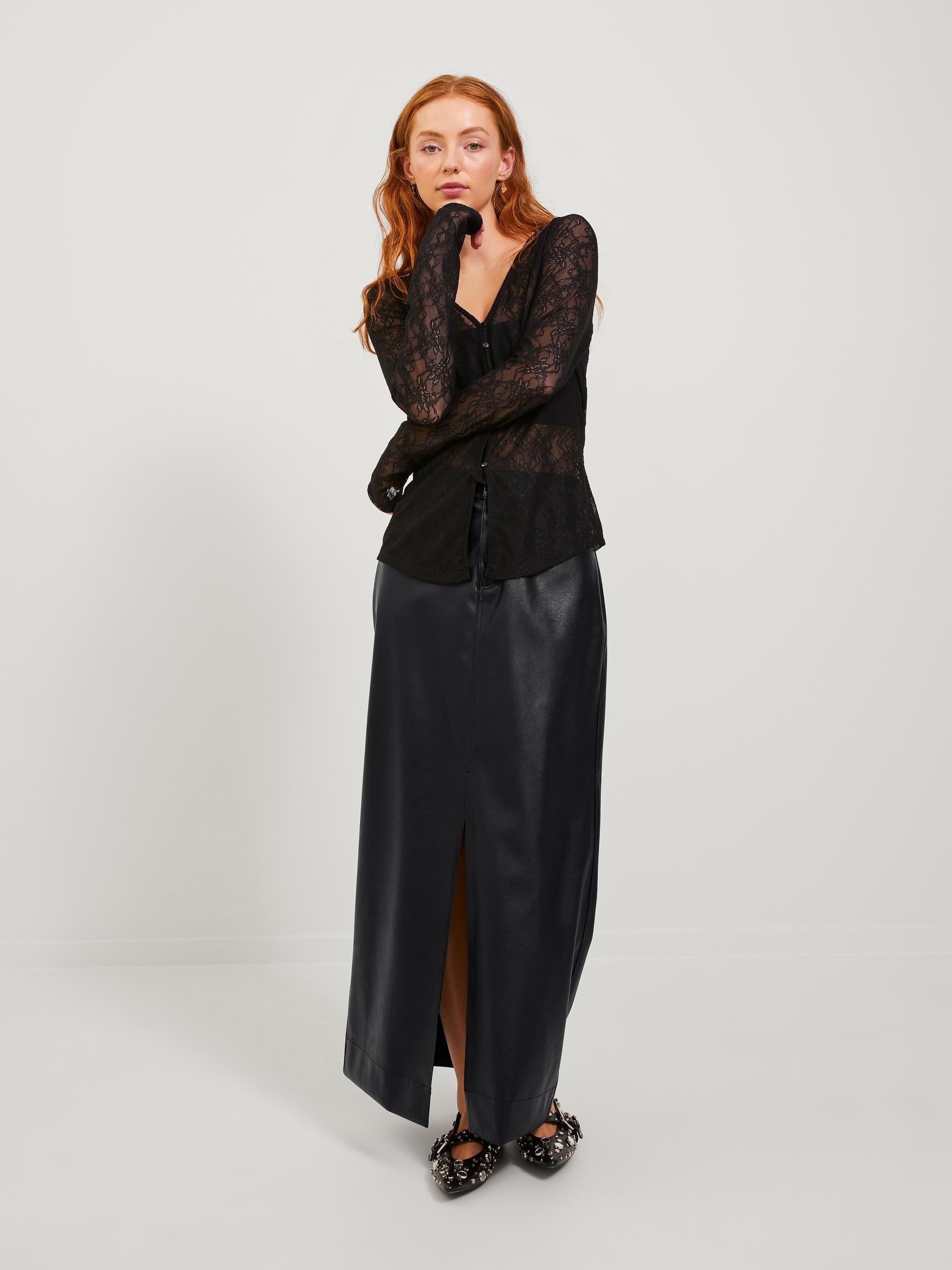 Elva Long Faux Leather Skirt Black