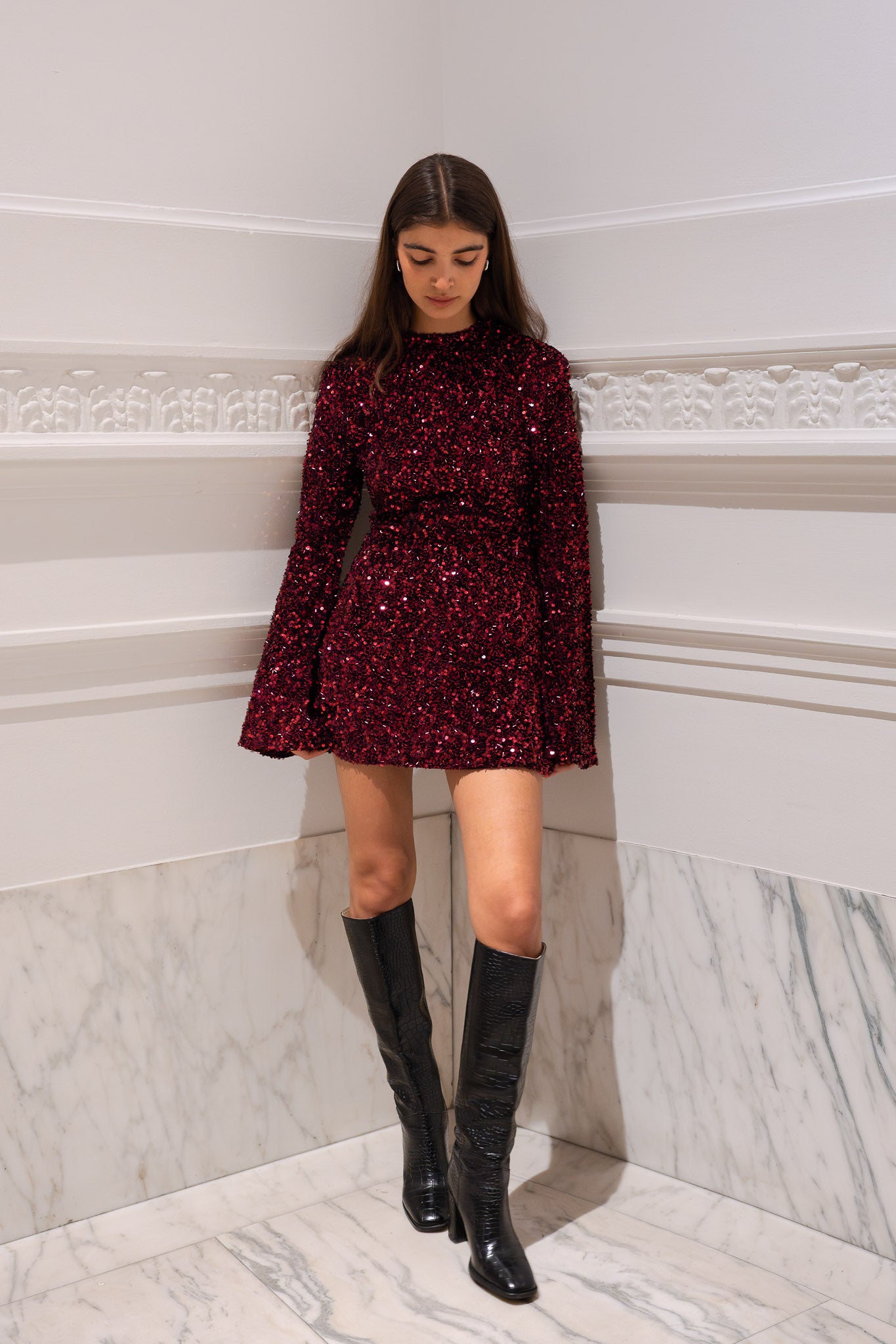 Mia Sequin Dress Wine