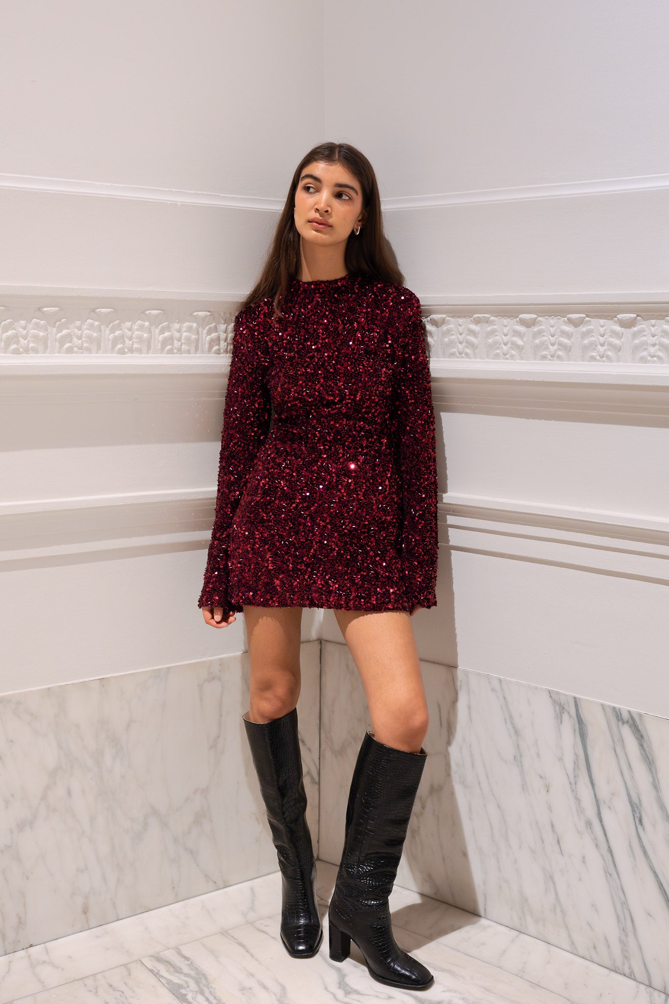 Mia Sequin Dress Wine